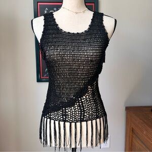 Oh Black Crochet Fringe Tank Top